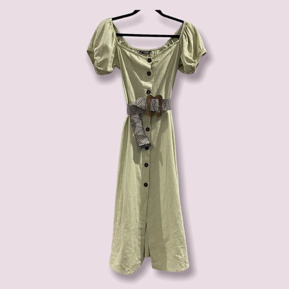 Zara Dresses & Skirts - Zara Linen Belted Button Front Square Neck Puff Sleeve Midi Dress Sage Green S